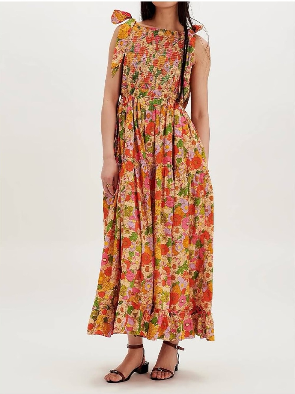 Floral Smocked Tie-Shoulder Maxi Dress - Pink & Orange